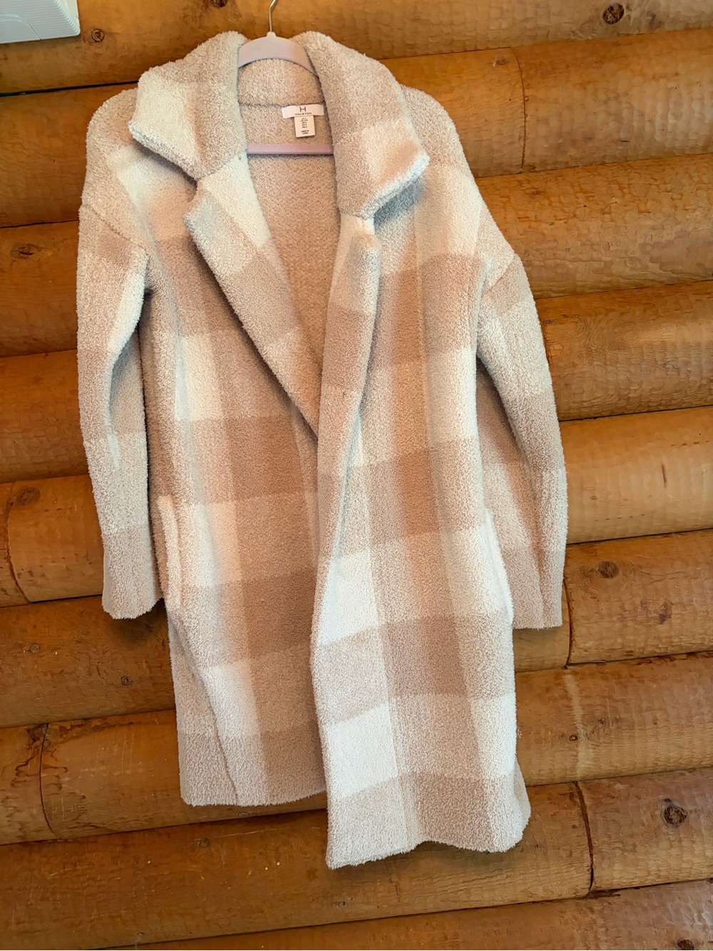Halston Heritage Cream & Tan Plaid Teddy Coat